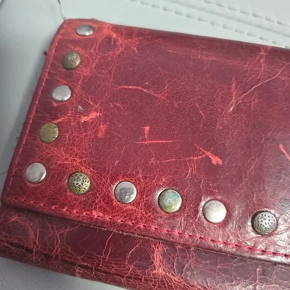 Patricia Nash Varesse Distressed Leather Studded Bifold Wallet Berry Red Tooled - Picture 8 of 9